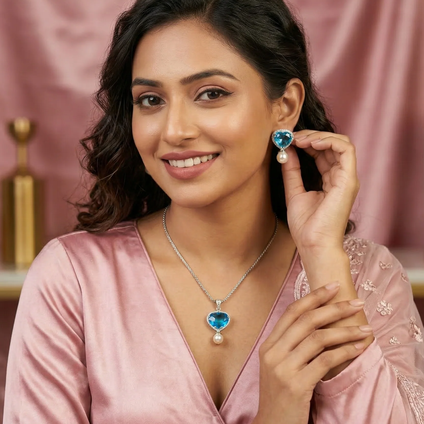 Azure Pearl Drop Pendant Set