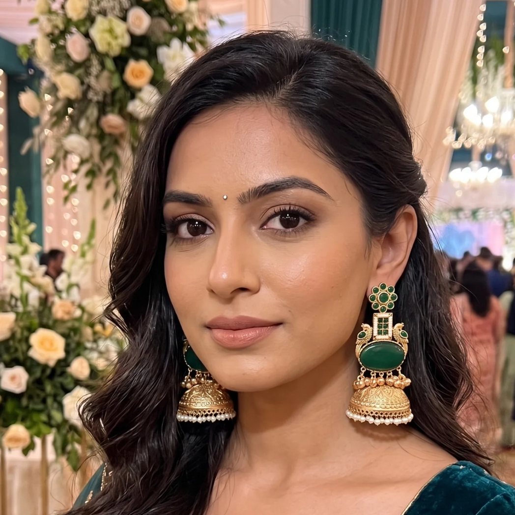 Long Golden Jhumka with green stones