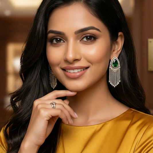 American Diamond Earrings with Green Stone