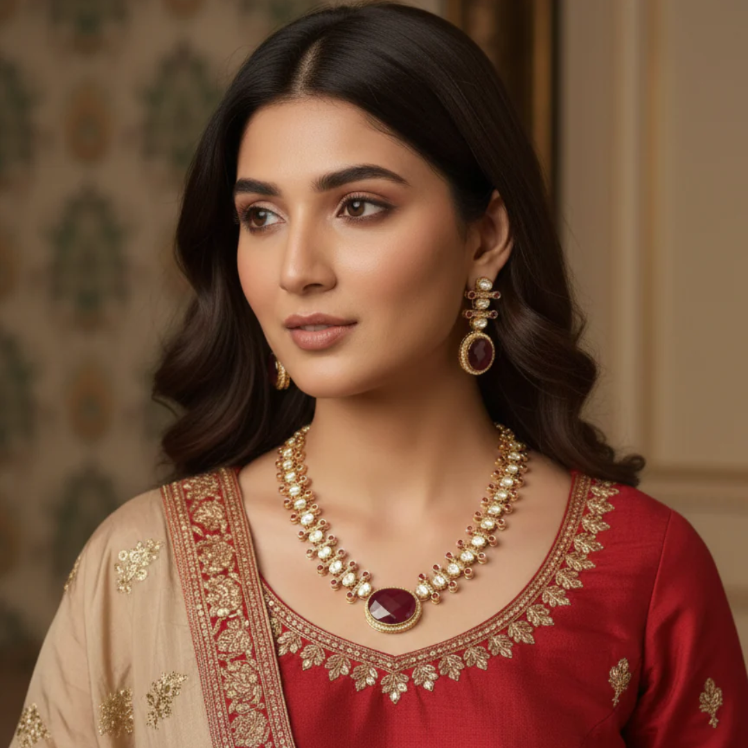 Suvarna Polki Necklace Set- Red