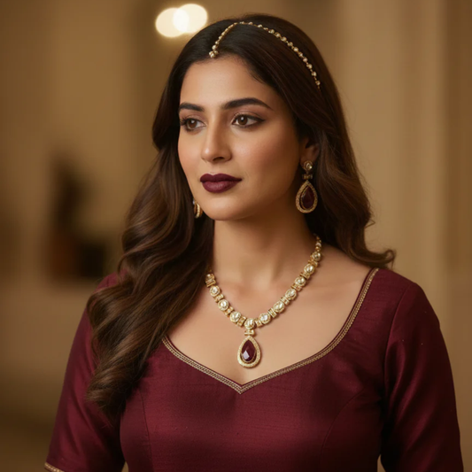 Mallika Polki Necklace Set- Red