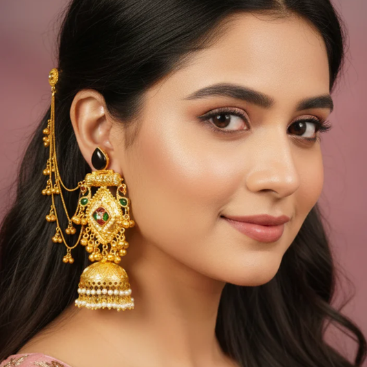 Golden Earrings with Hair Chain