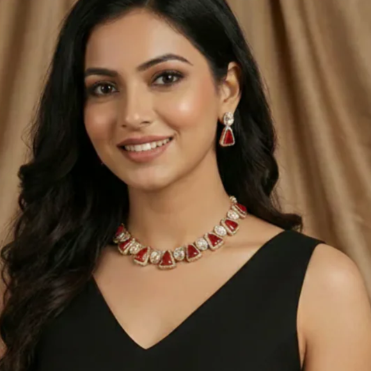 Ambika Doublet Stone Necklace Set- Red