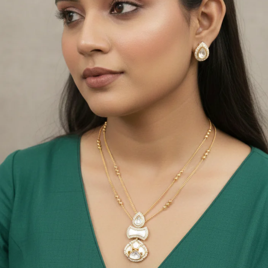 Polki & MOP Pendant Set with Double Layer Chain- AP165