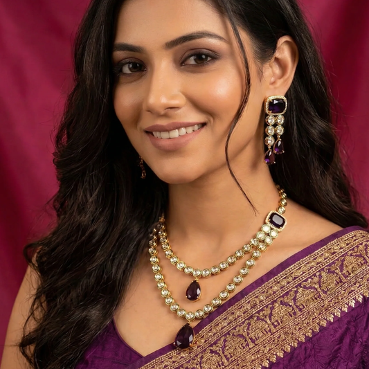 Layered Polki Necklace set with Purple Drop Stones