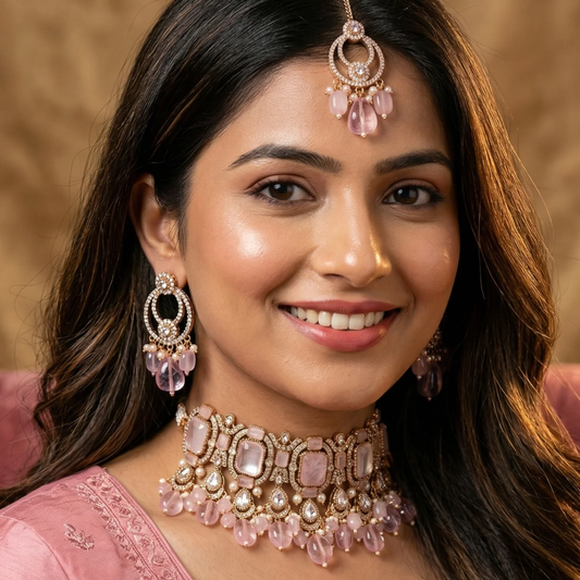 Pink Doublet Stone Choker Set With Maang Tika