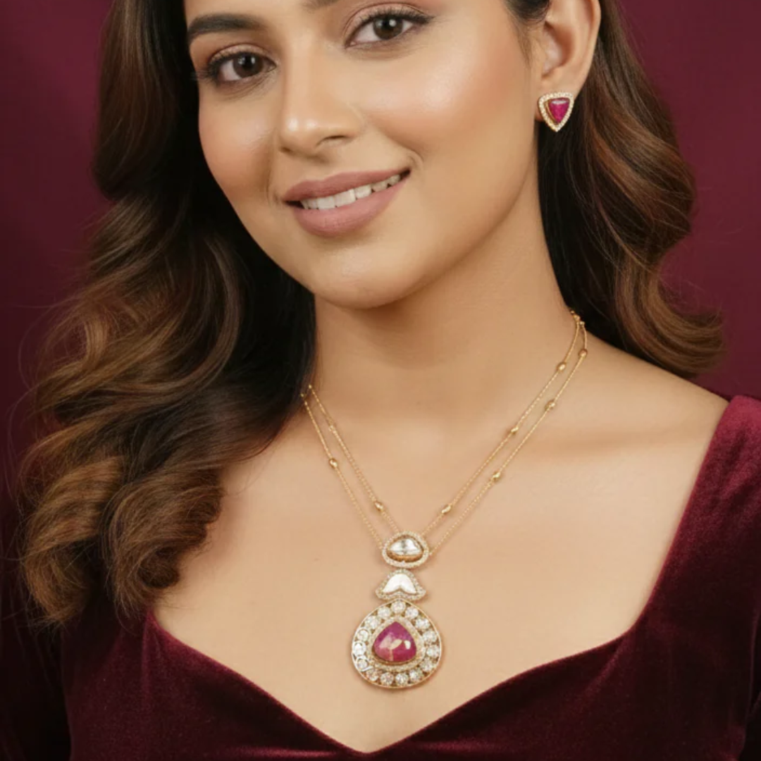 Polki & Pink Doublet Stone Pendant Set with Double Layer Chain- AP166B