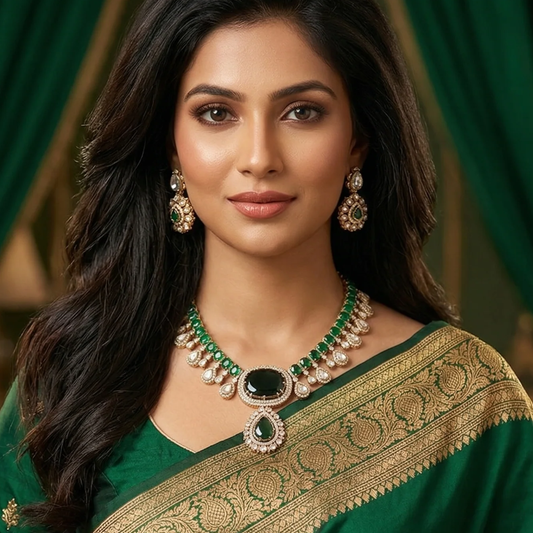 Hiramani Polki Necklace Set- Green