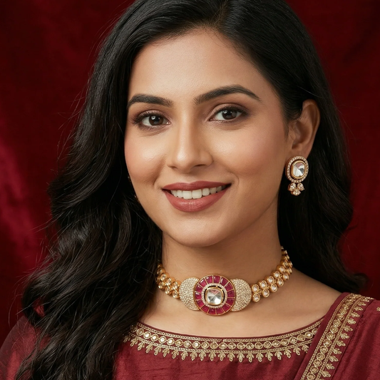 Kyra Polki Necklace Set- Red
