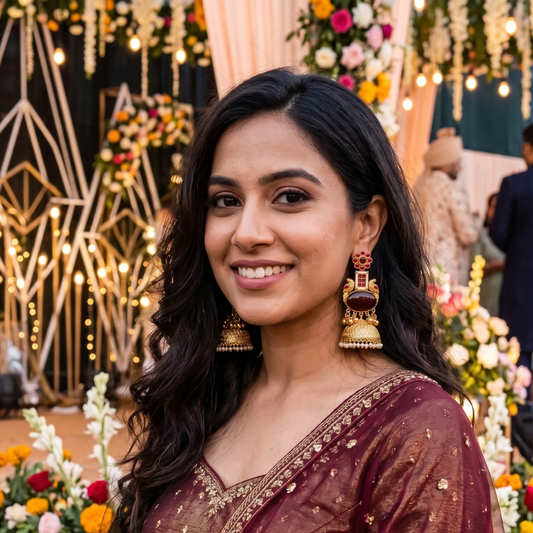 Long Golden Jhumka with red stones