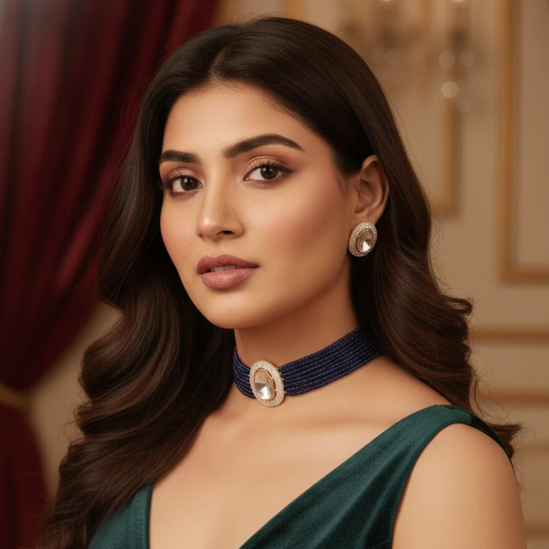 Madhvi Polki Choker Set- Blue