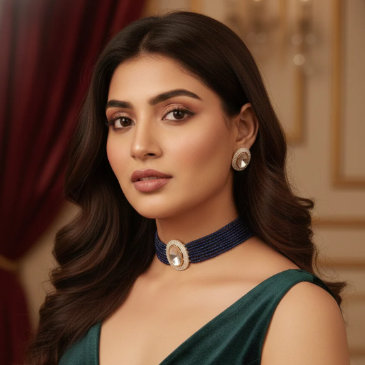 Madhvi Polki Choker Set- Blue