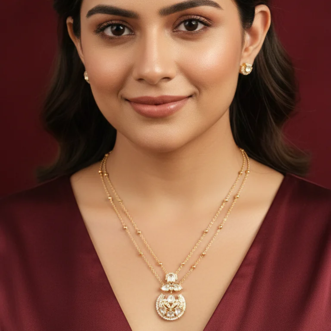Polki Pendant Set with Double Layer Chain- AP162A