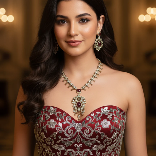 Mohini Victorian Necklace Set- Red