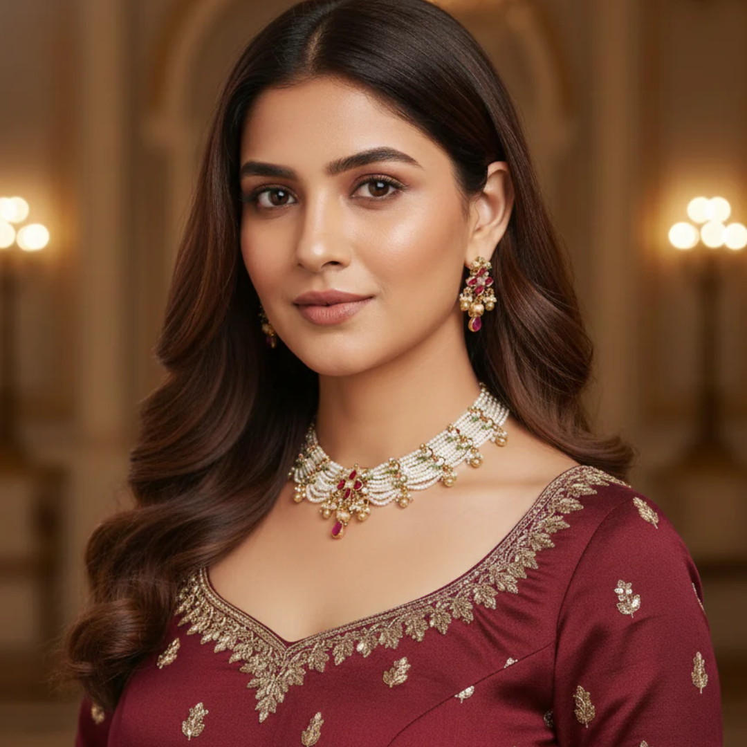 Mayuri Pearl Necklace Set- Pink