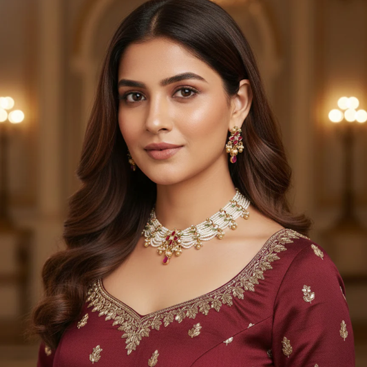 Mayuri Pearl Necklace Set- Pink