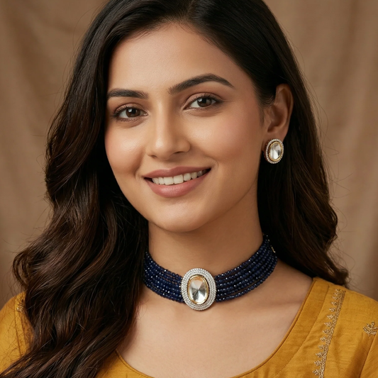 Madhvi Polki Choker Set- Blue