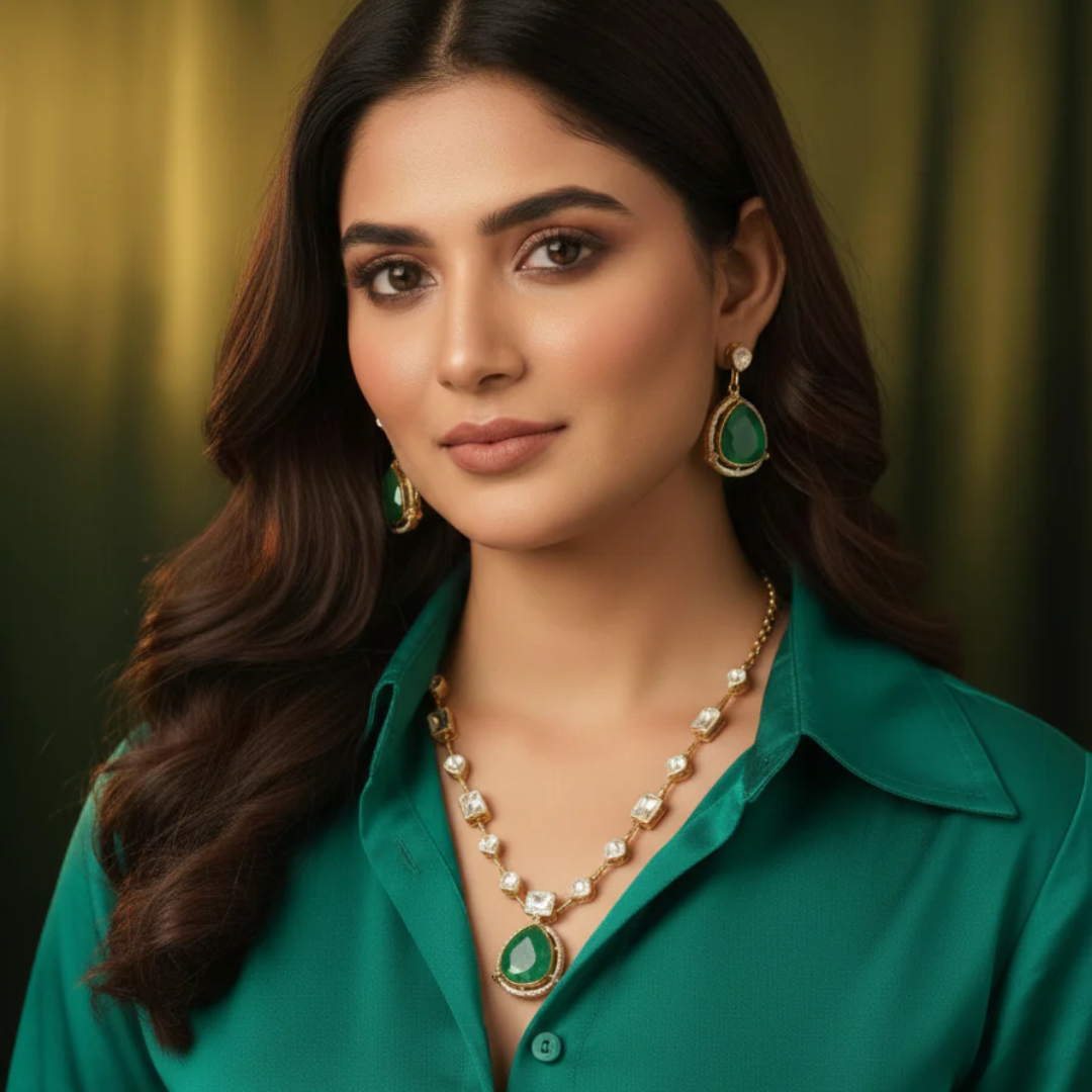 Sleek Polki Necklace Set- Green