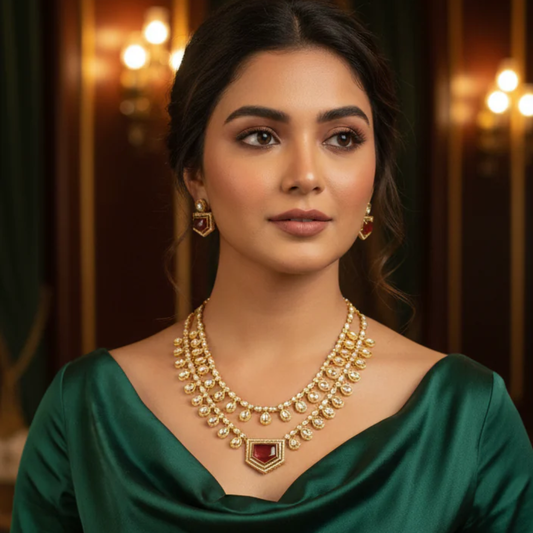 Kalpana Victorian Polki Necklace Set- Red