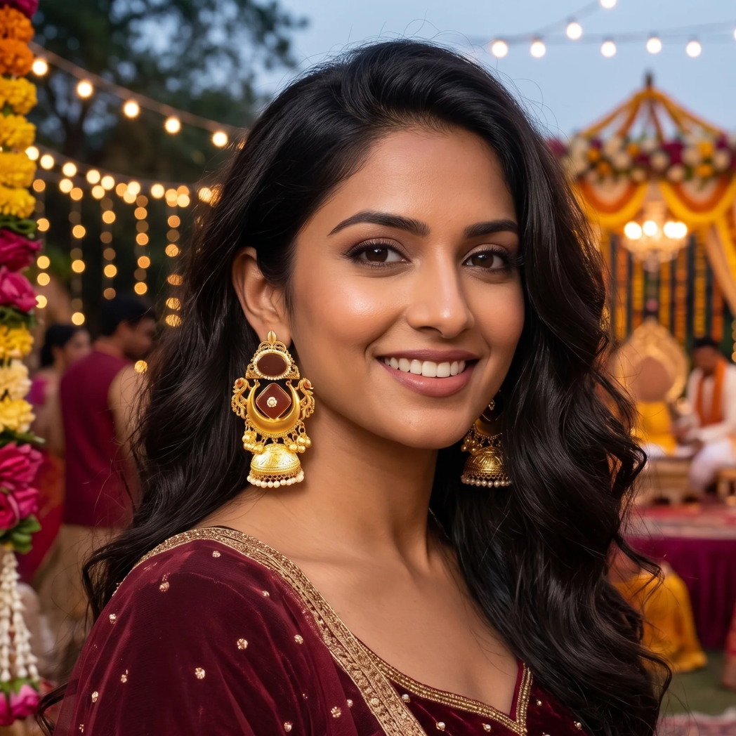 Golden Earrings with Red Stone