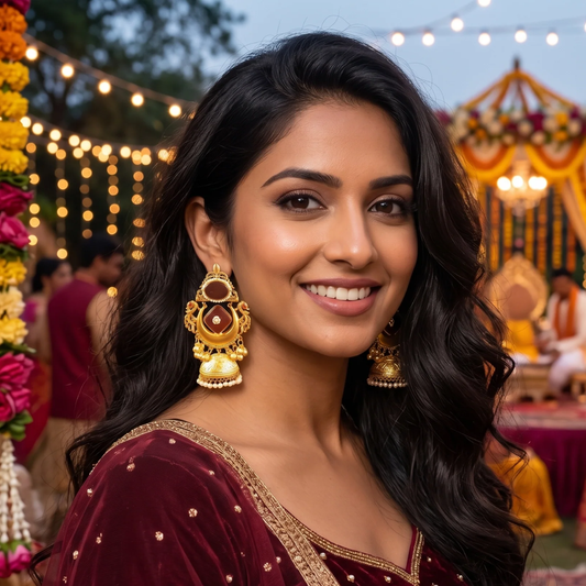 Golden Earrings with Red Stone