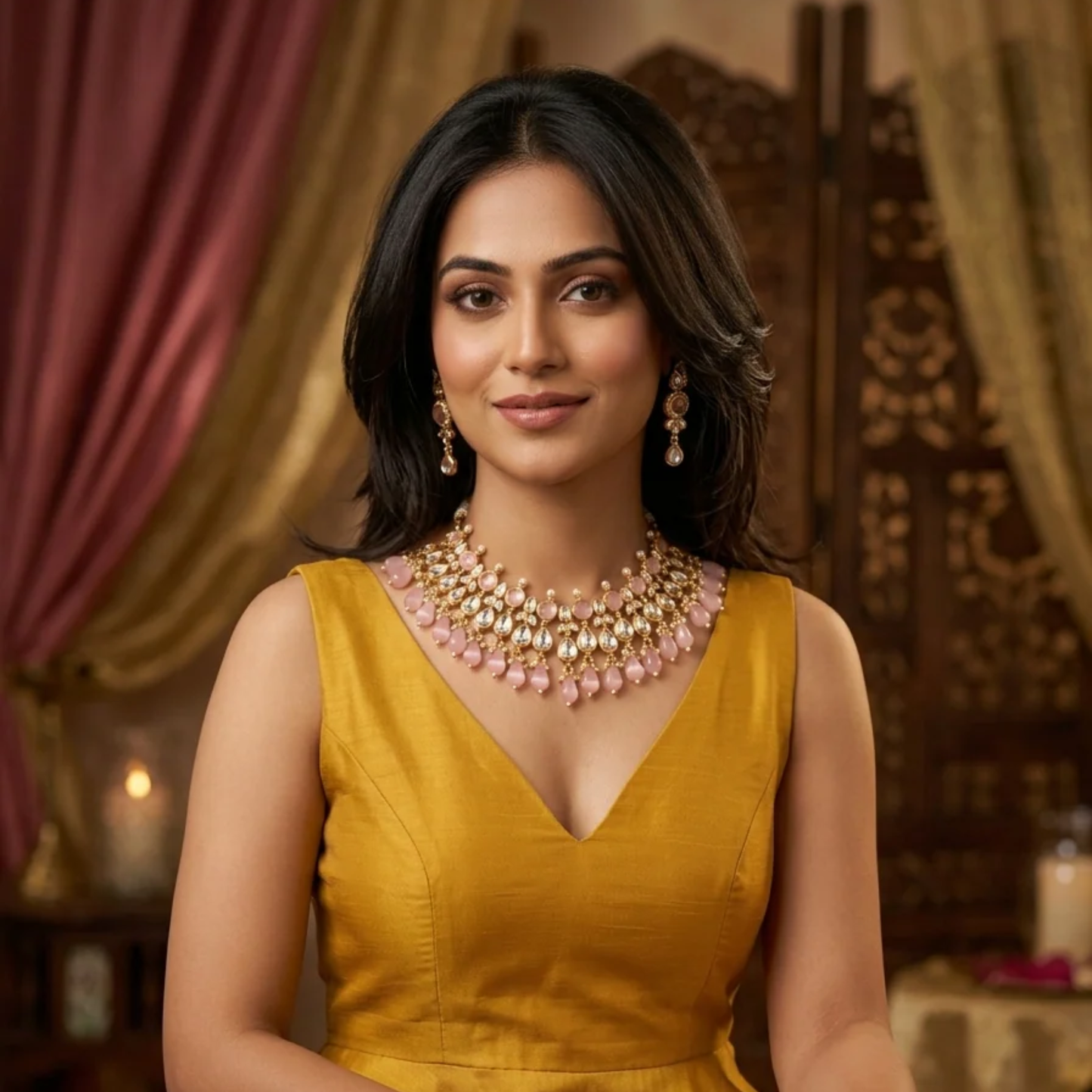 Madhuri Polki Necklace Set- Pink