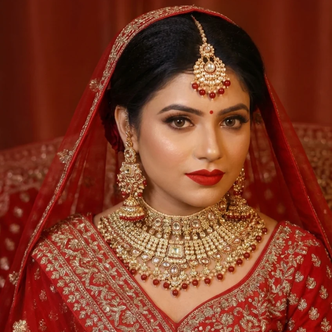 Red Kundan bridal set- With Maang Tika & Haath Phool
