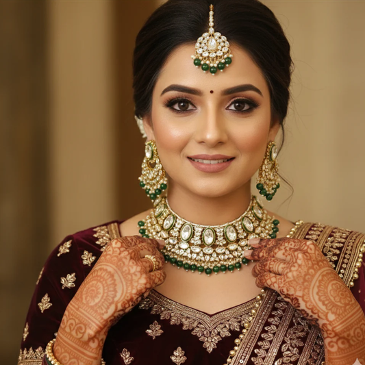 Kundan Necklace Set With Green Drops- Earrings & Maang Tika
