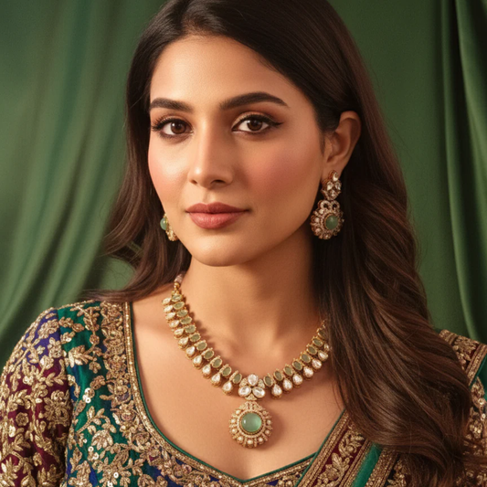 Swarnpriya Polki Necklace Set- Green