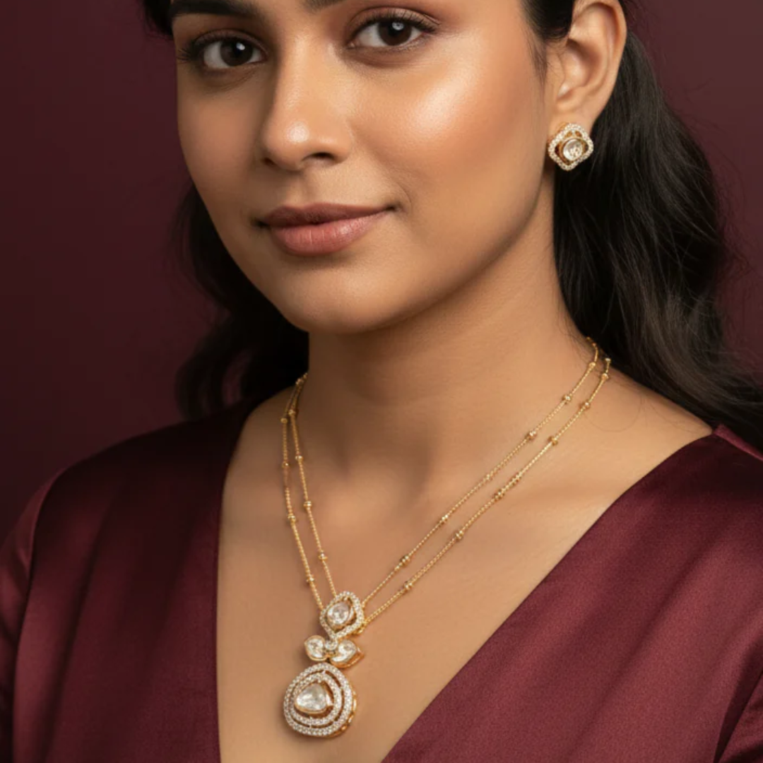 Polki Pendant Set with Double Layer Chain-AP161