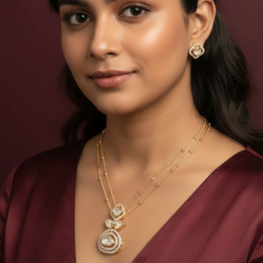 Polki Pendant Set with Double Layer Chain-AP161