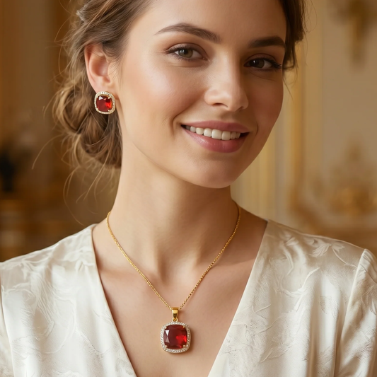 Red Stone & American Diamond Pendant Set