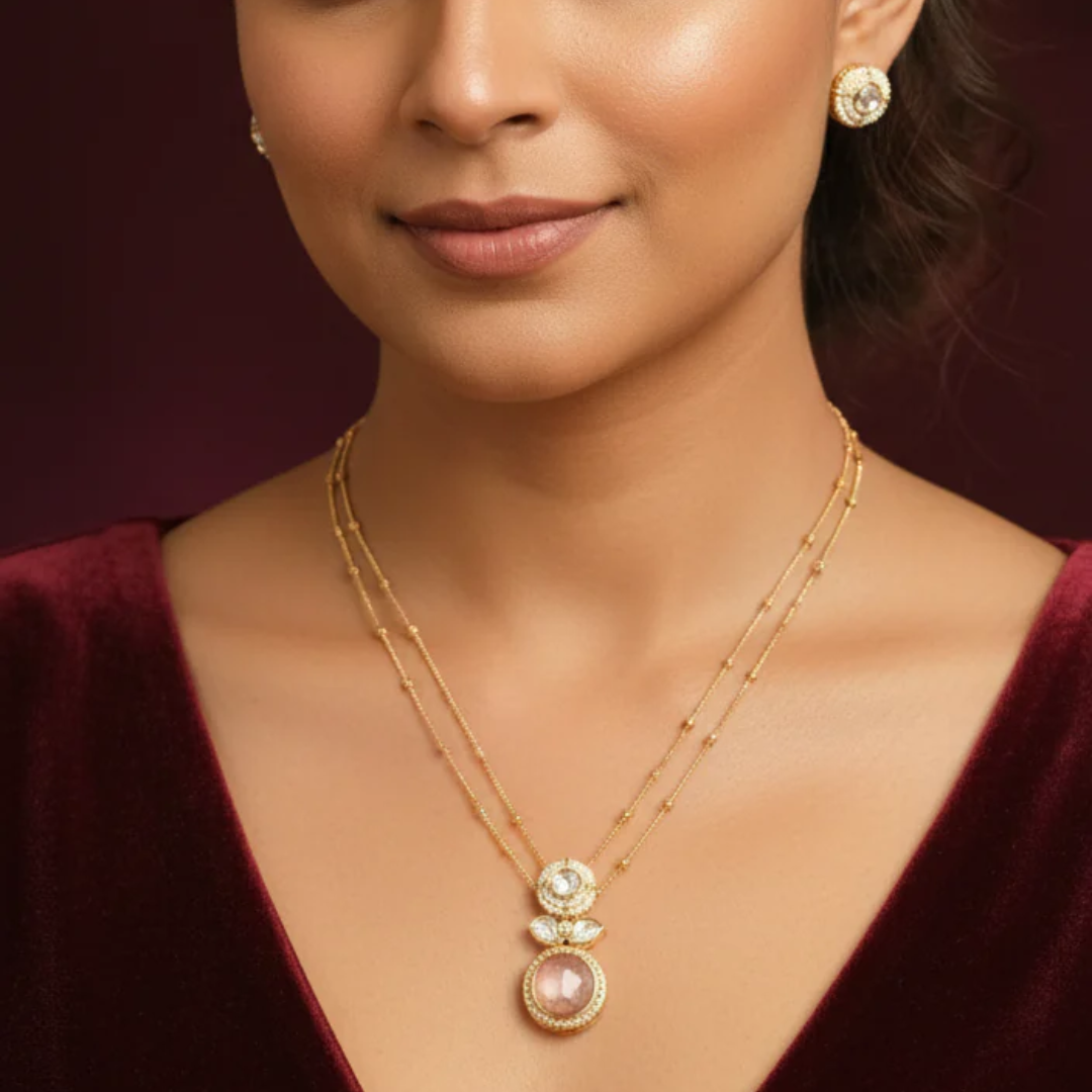 Pearl & Polki Pendant Set with Double Layer Chain- AP171B