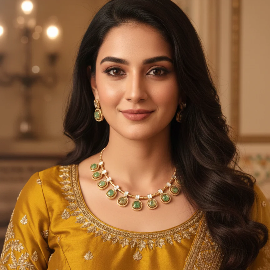 Suvarna Doublet Necklace Set- Green