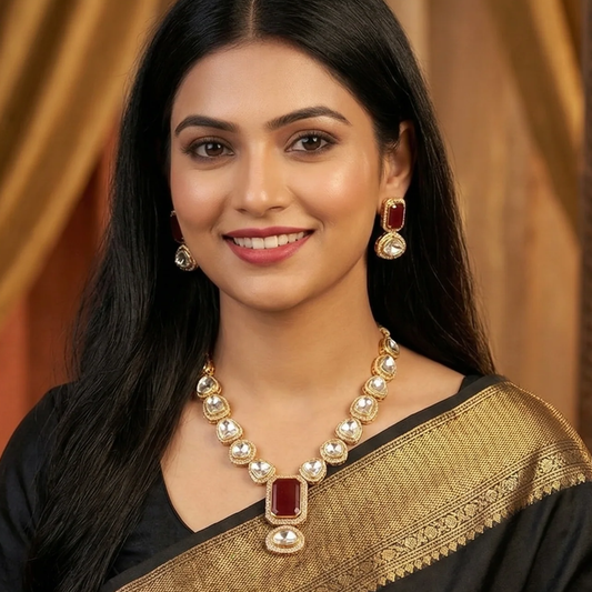 Tejasvi Polki Necklace Set- Red