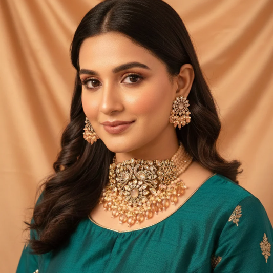 Ratnavali Victorian Choker Set- Peach