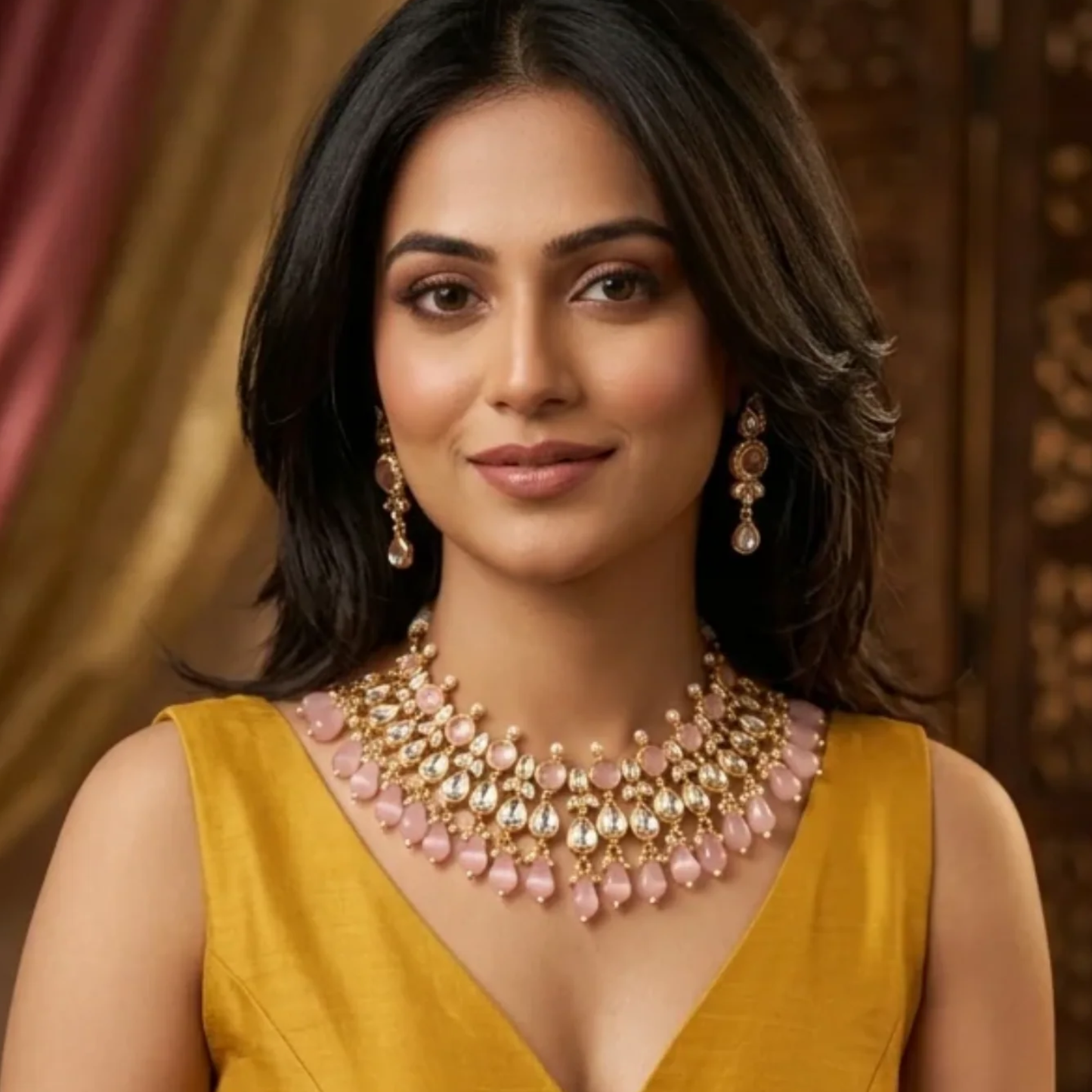 Madhuri Polki Necklace Set- Pink