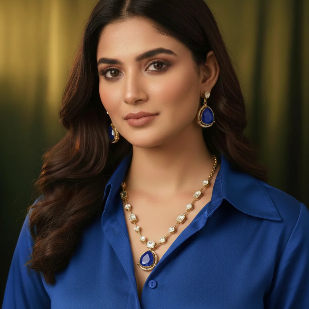 Mridula Polki Necklace Set- Blue