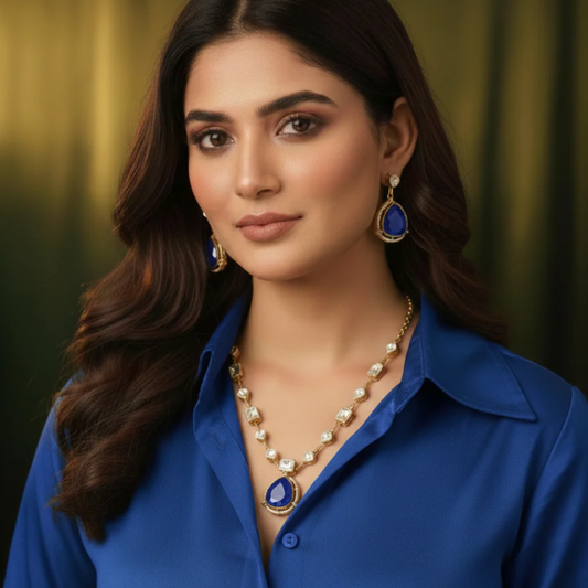 Mridula Polki Necklace Set- Blue