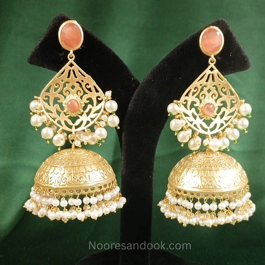 Long Golden Jhumka with Orange Stone