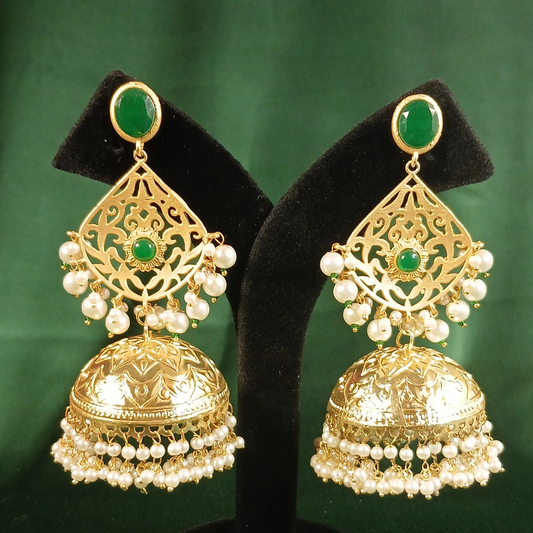 Long Golden Jhumka with Green Stones