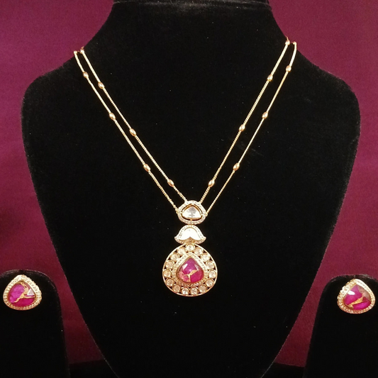 Polki & Pink Doublet Stone Pendant Set with Double Layer Chain- AP166B