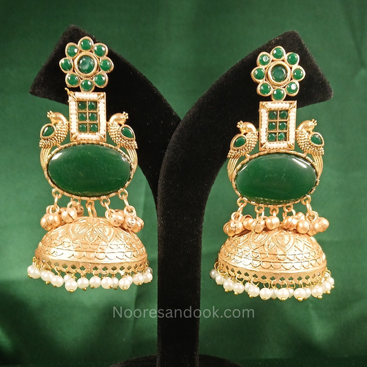 Long Golden Jhumka with green stones
