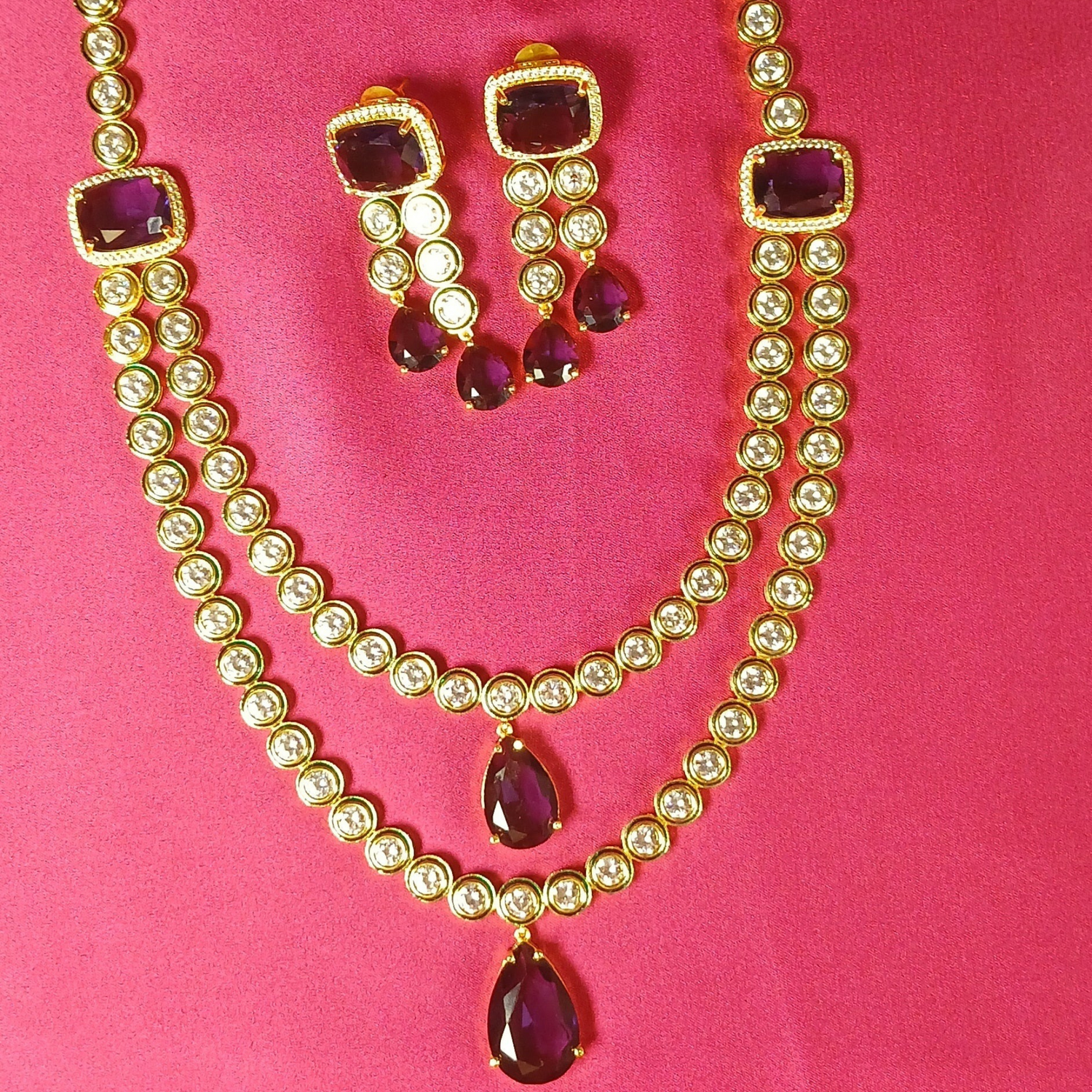 Layered Polki Necklace set with Purple Drop Stones - NoorESandook