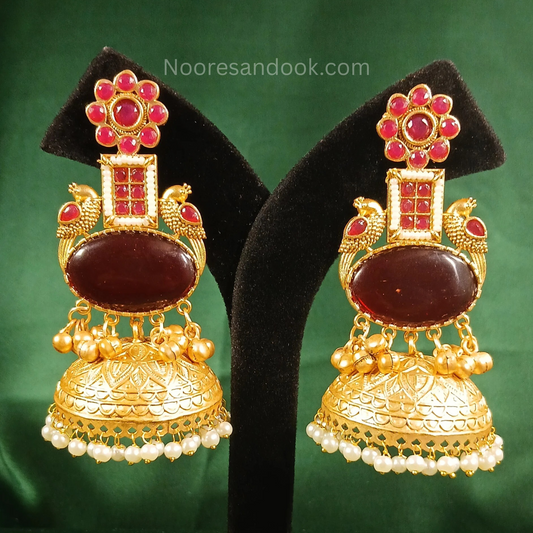Long Golden Jhumka with red stones