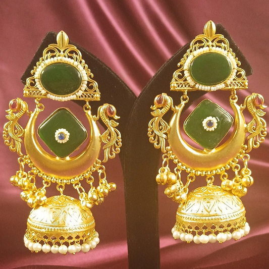 Golden Earrings with Green Stone