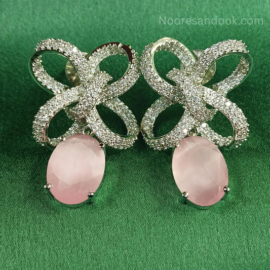 American Diamond Earrings with Pink Drop Stone