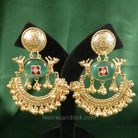 Chandbali- Red Carved Mint Green Stone