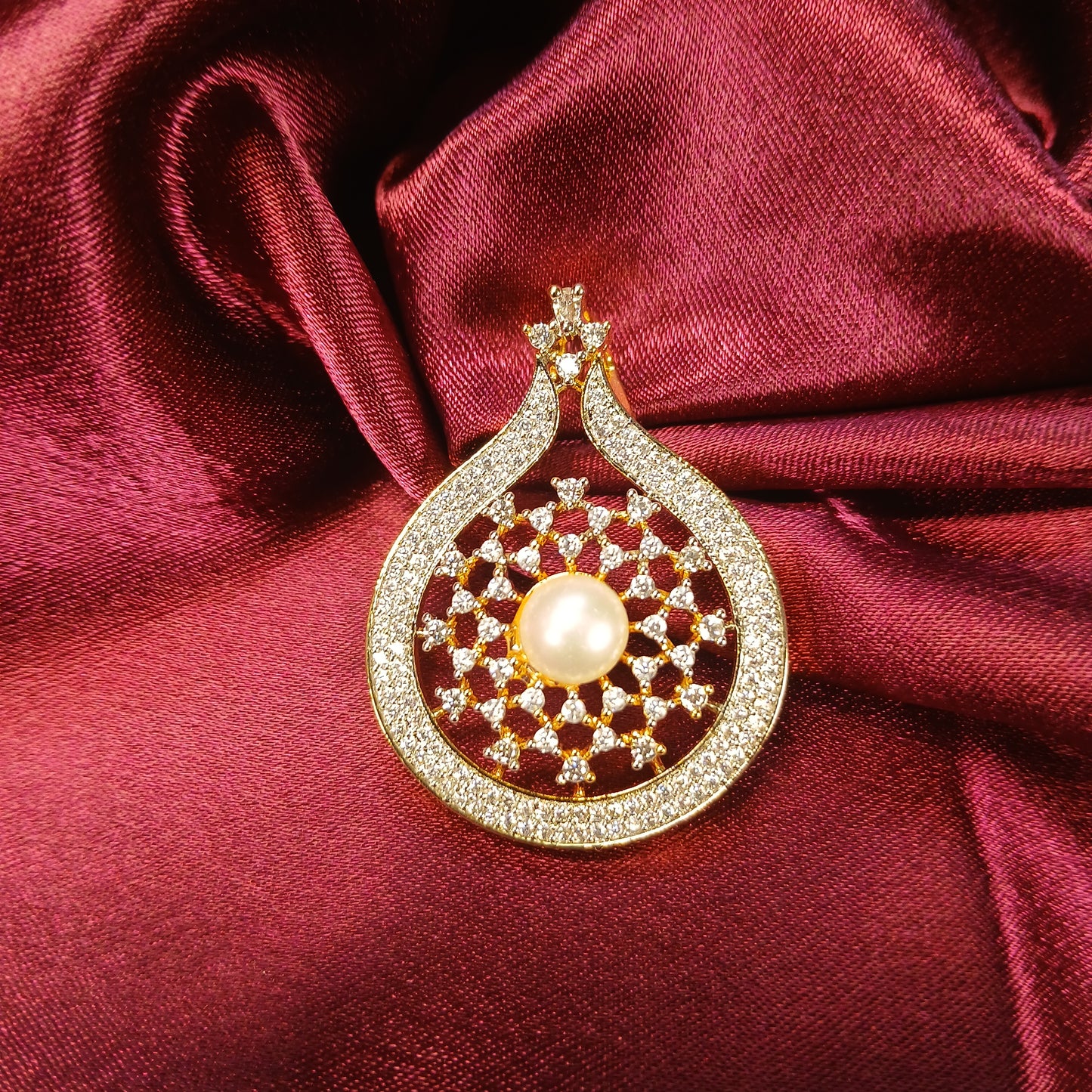 Pearl & American Diamond Pendant Set