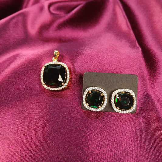 Emerald Green Stone & American Diamond Pendant Set